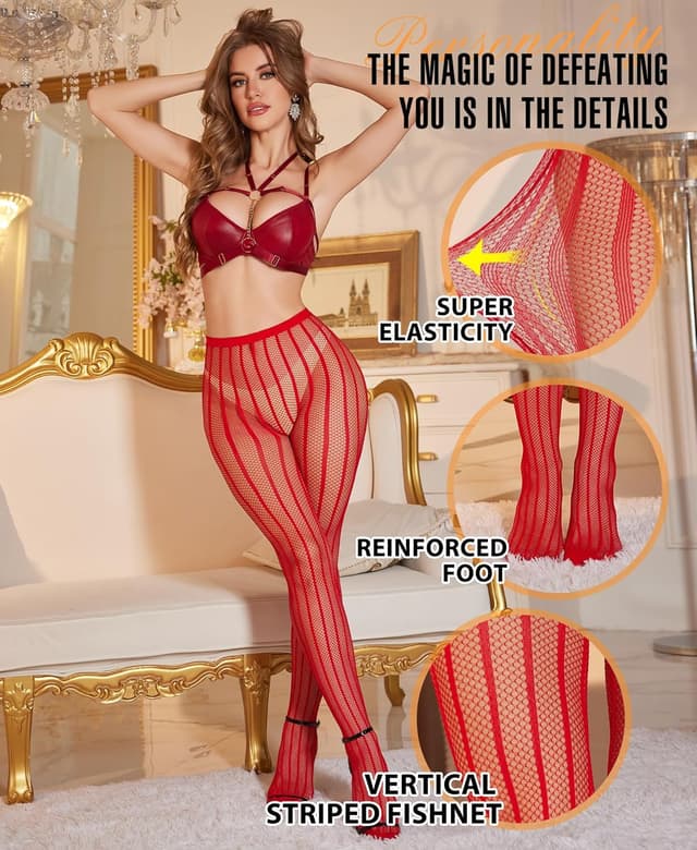 Detalle de RSLOVE Women Hold Up Stockings – Fishnet Vertical Stripe Tights (Hold-Ups)