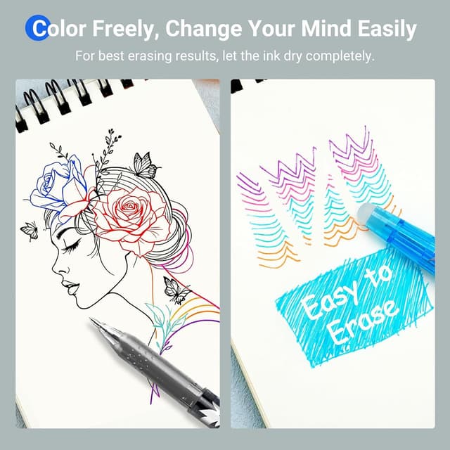 Detalle de KERIFI Rub Out Pens (0.5mm) erasable gel pens with end rubbers – heat-friction handwriting for notes, school & office (8 assorted colours)