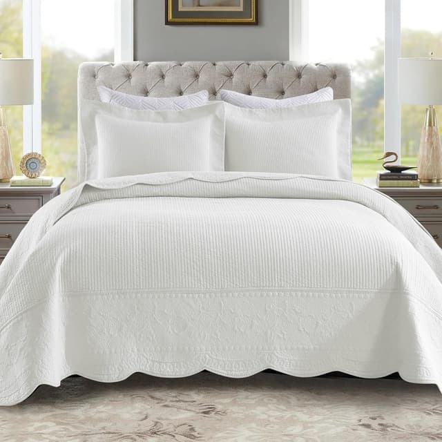 Detalle de MarCielo 3-Piece 100% Cotton Oversized Bedspread Quilt Coverlet Set (Bright White) — Oversized King