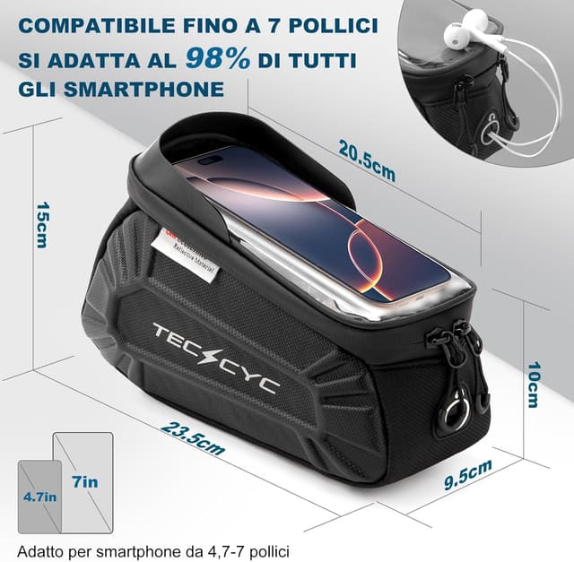 Detalle de TECHCYC Borsa Telaio Bici con riflettente e touchscreen TPU, impermeabile per MTB, gravel, strada ed e-bike