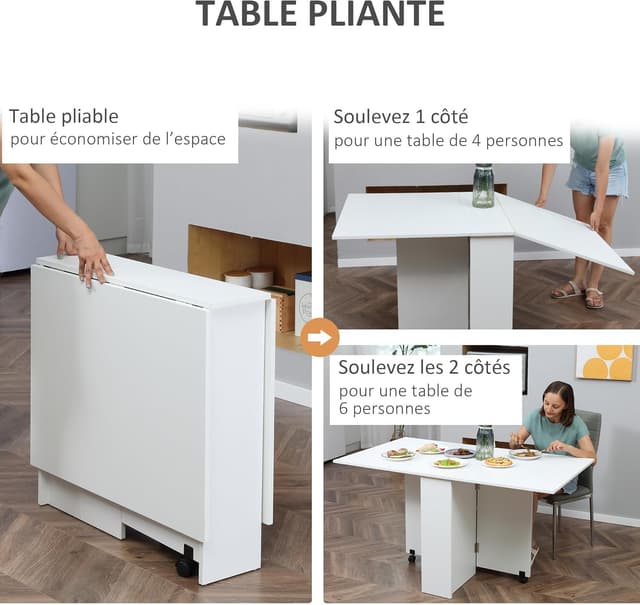 Detalle 2 de HOMCOM Table pliante de cuisine extensible sur roulettes, 2 étagères intégrées, 75 x 140 x 74 cm, blanc