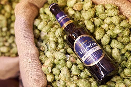 Detalle de Mahou Maestra Doble Lúpulo: pack de 12 latas de 33 cl (7,5% vol), lager tostada de sabor intenso