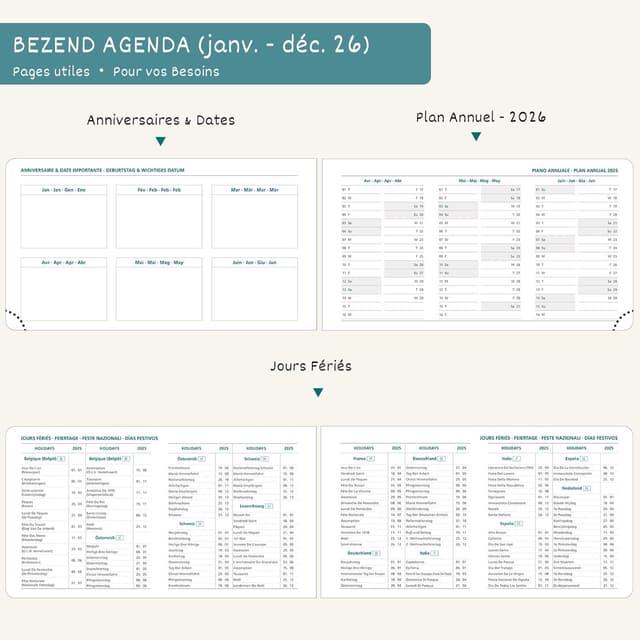 Detalle 2 de BEZEND Agenda 2026 semainier vertical 14 x 23 cm, couverture rigide PU bleu Hollandais