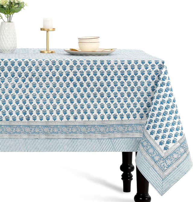 Detalle de CPC Tablecloth 100% Cotton Indian Block Print Rectangle Table Cover, 60x90 Inch (Apatite Blue)