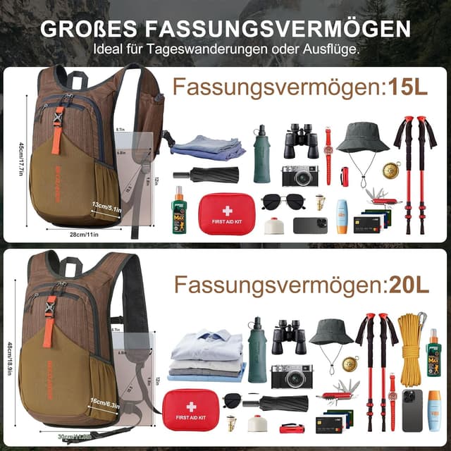 Detalle 2 de BECOJADDE 18L Hiking Backpack – Foldable lightweight mini rucksack in chocolate brown