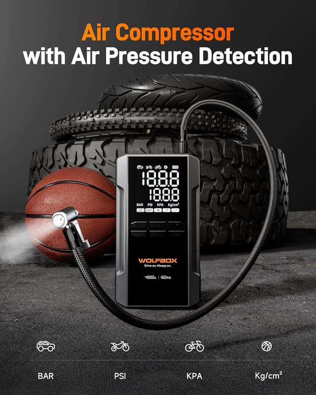 Detalle 2 de WOLFBOX Booster Batterie Voiture 3000A (59,2Wh) avec compresseur 160 PSI et charge rapide 65W