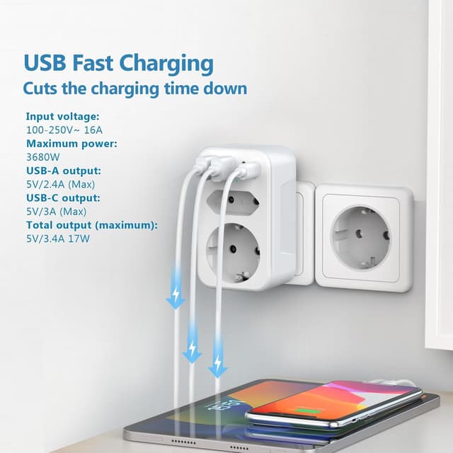 Detalle de JSVER Multi-Socket Power Strip 3680W con 1 presa Schuko, 1 presa europea e 4 porte USB (2×USB-A + 2×USB-C), bianco