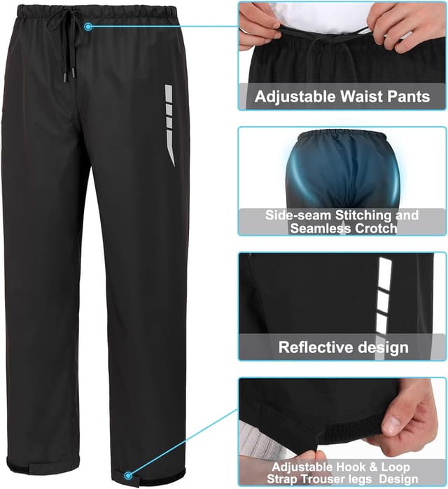 Detalle de Burjosy Herren Regenanzug: wasserdichte Regenjacke & Regenhose mit Kapuze und Reflektoren