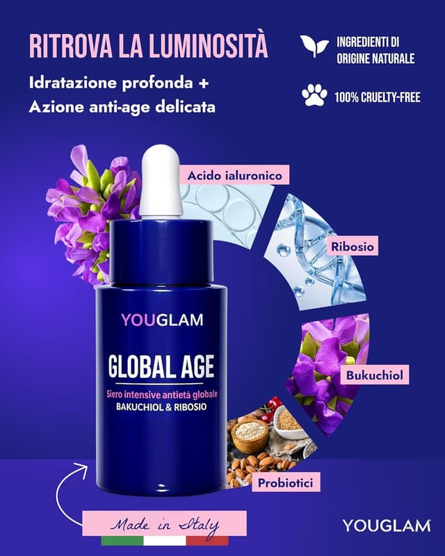 Detalle de YOUGLAM Global Age siero viso antirughe con acido ialuronico, bakuchiol e ribosio (30 ml)