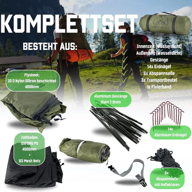 Thumbnail 6 de GOALPINE® Zelt für 1–2 große Personen – wasserdicht (4000 mm), ultraleicht & kleines Packmaß für Touren