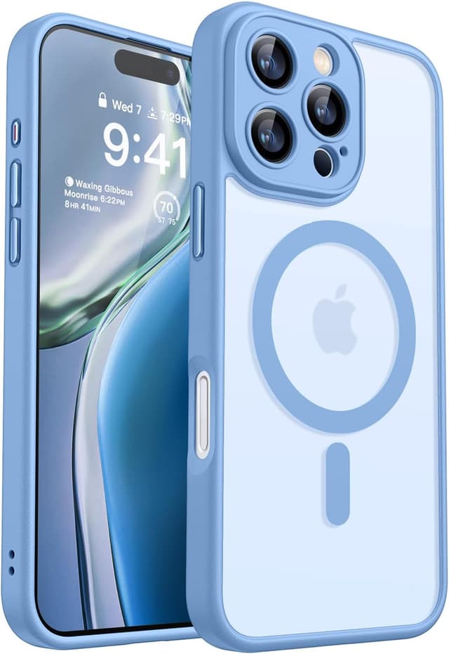 Detalle de CANSHN Magnetic for iPhone 16 Pro case (6.3") with full camera protection, matte translucent shockproof design – Light Blue