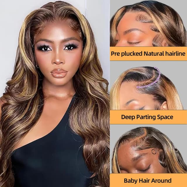 Detalle de Sunelk Honey Blonde Ombre Lace Front Wig (Human Hair, 13x6 HD Lace, 200% Density, Body Wave)
