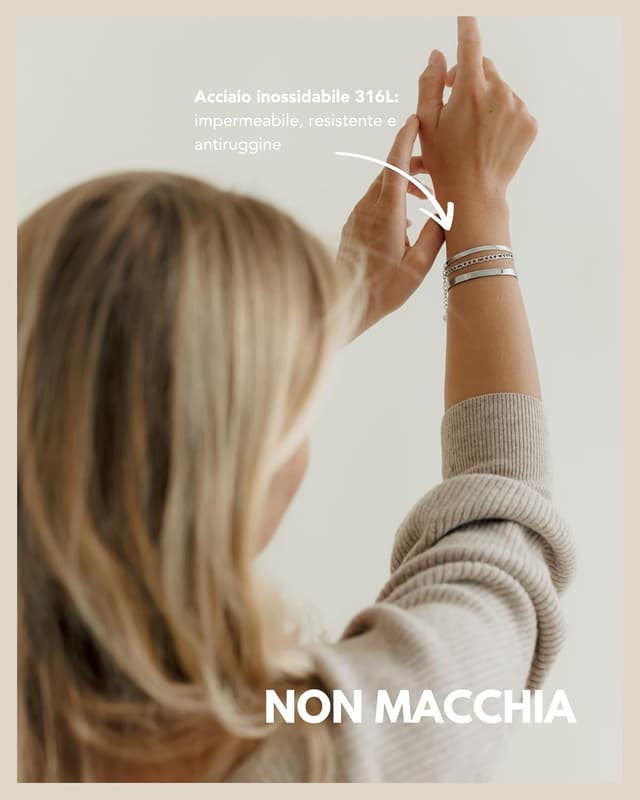 Detalle de Set di 3 bracciali da donna in acciaio 316L regolabili (oro, argento o oro rosa) con bracciale a serpente, a maglie e rigido