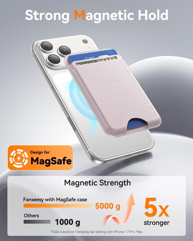 Detalle de Fanseesy MagSafe Wallet (5 Card Holder) slim magnetic leather wallet with 1 card slot and cash slot – Pink