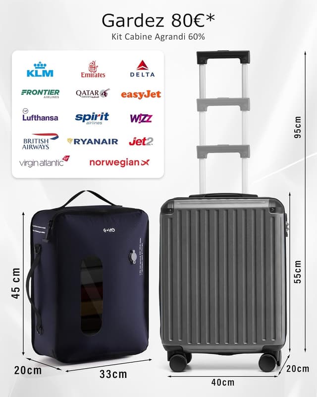 Detalle 2 de COOLIFE Valise cabine 55 x 35 x 20 cm + sac sous vide, serrure TSA et 4 roulettes jumelées (gris)