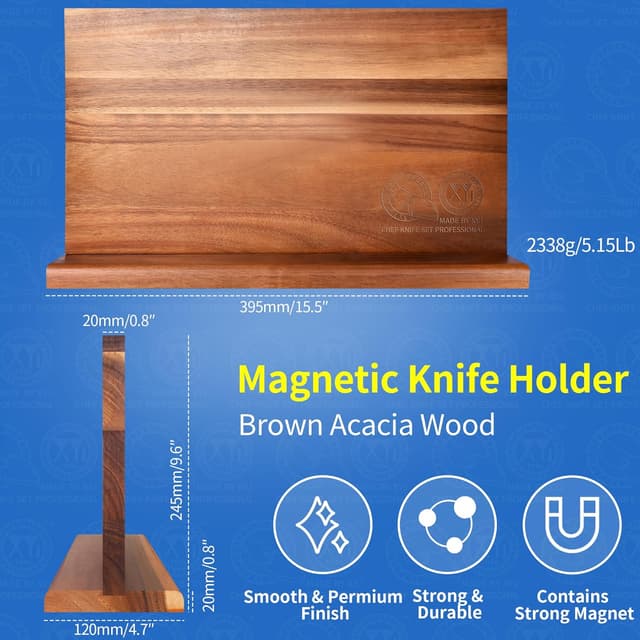 Detalle 2 de XYJ Extra Large Magnetic Knife Block (Acacia Wood) – Double-Sided Holder with Strong Magnetic Strip, No-Drill Storage