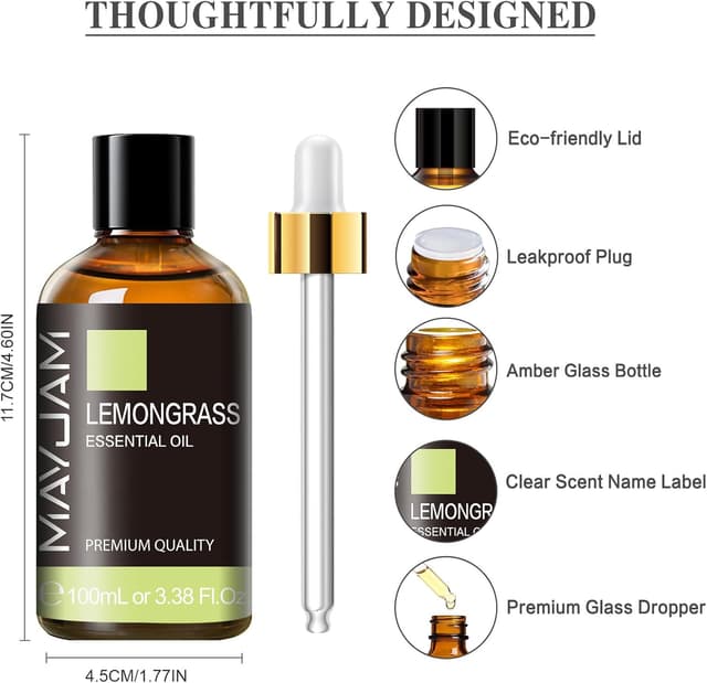 Detalle de MAYJAM Zitronengras ätherisches Öl 100 ml – Lemongrassöl für Diffusor & Luftbefeuchter, mit Glas-Tropfer