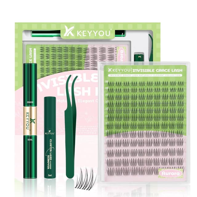 Detalle de KEYYOU Aurora Lash Clusters Kit (Fairy Lash, C Curl) — 120-Piece Invisible Band Wispy Extension Set for DIY