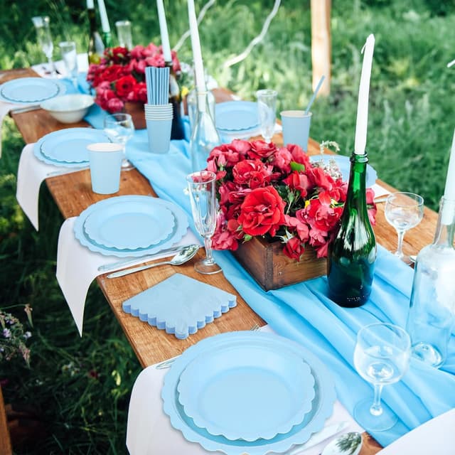 Detalle de NatNarr 125-teiliges Partygeschirr-Set Hellblau für 25 Gäste (Teller, Becher, Servietten & Papierstrohhalme)