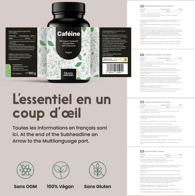 Detalle de Caféine 200 mg – 400 comprimés vegan (caféine pure) – Haute Dose