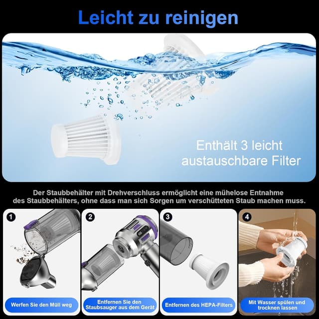 Detalle de Handstaubsauger 26.000 Pa (4-in-1) mit Akku, 3 Modi und Digitalanzeige – violett