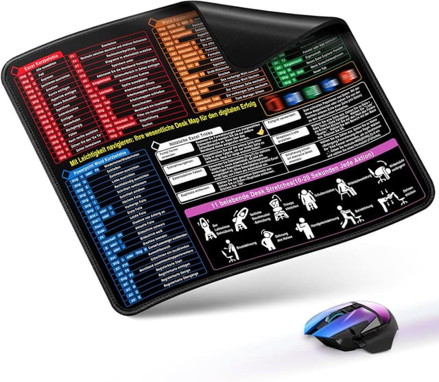 Detalle de Gaming-Mauspad 300x250x3 mm mit Office-Shortcuts (Excel/Word/PPT) – kleine Schreibtischunterlage für PC, Büro & Studium