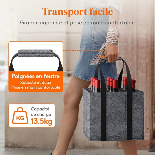 Detalle de Lifewit lot de 2 sacs porte-bouteilles en feutre avec poignées (jusqu’à 9 bouteilles de 1,5 L)