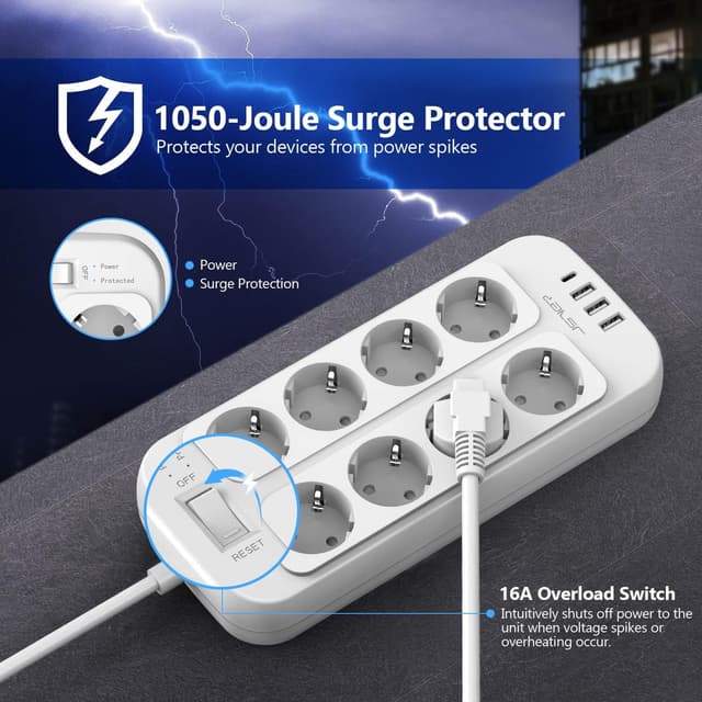 Detalle 2 de JSVER Steckdosenleiste 5 m (8-fach) mit 4 USB und Überspannungsschutz – Schalter, Wandmontage, Weiß