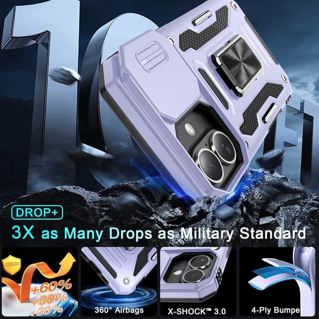 Detalle de DEERLAMN Case for iPhone 17 6.3-Inch with Slide Camera Cover, Ring Kickstand & Screen Protector (2 Packs) - Light Purple