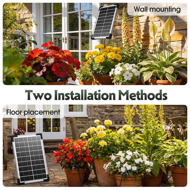 Detalle 2 de AnseTo Arrosage goutte à goutte solaire 8 W avec minuterie – kit d’irrigation 35 m et 30 goutteurs