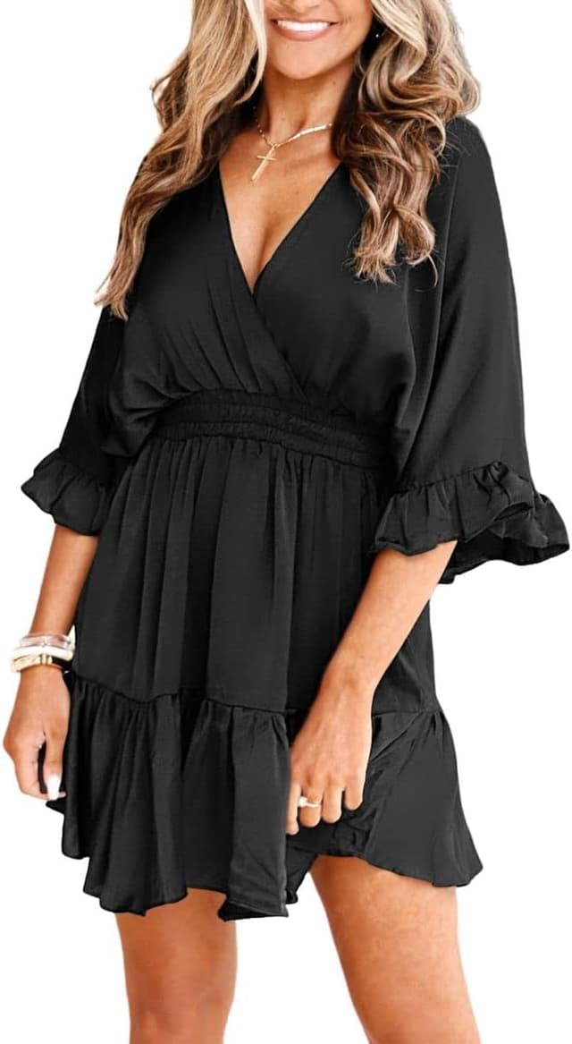 Detalle 2 de Aoysky V-Neck Smocked-Waist Ruffle Mini Dress for Summer