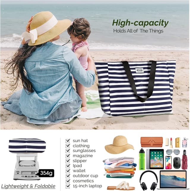 Detalle de HOMESPON Large Waterproof Beach Tote Bag (Blue Stripes) with Zip & Pockets, Foldable
