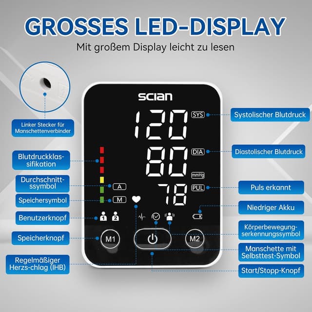 Detalle de Scian Oberarm-Blutdruckmessgerät für zuhause mit großer Manschette 22–42 cm und 2x100 Speicherplätzen