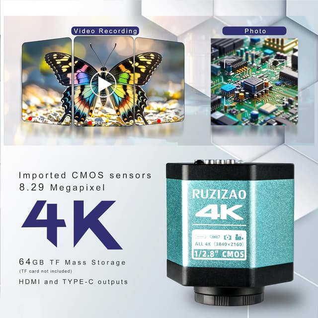 Detalle 2 de RUZIZAO Digital Mikroskop 48MP/4K (HDMI & Typ-C) mit 150X Objektiv und 56 LED-Ringlicht