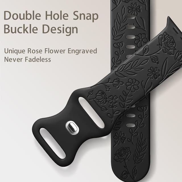 Detalle de Mastten Floral Engraved Strap for Apple Watch (38mm/40mm/41mm/42mm) — Rose Floral Soft Silicone Band, Black