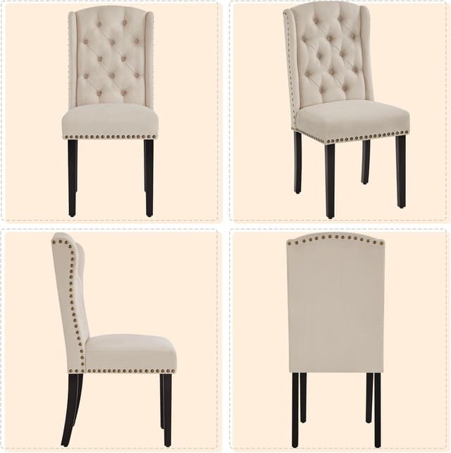 Thumbnail 6 de Yaheetech Upholstered Button Tufted Dining Room Chairs (Set of 2) with Nailhead Trims and Solid Legs, Beige