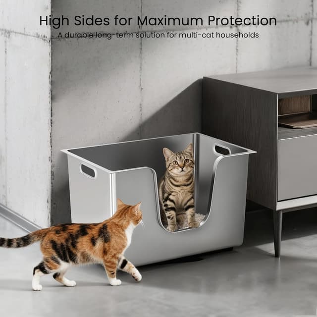 Detalle de PTLOM Stainless Steel Cat Litter Tray (High Sides, Low Entry) with Wheels – L 58x38x30cm