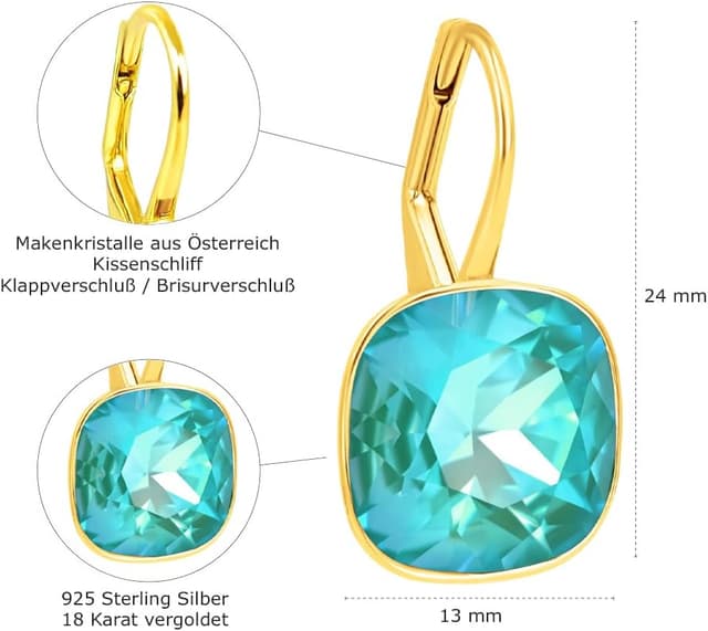 Detalle de NOBEL SCHMUCK Goldene Kristall Ohrringe Damen – kurze Ohrhänger aus 925 Silber vergoldet