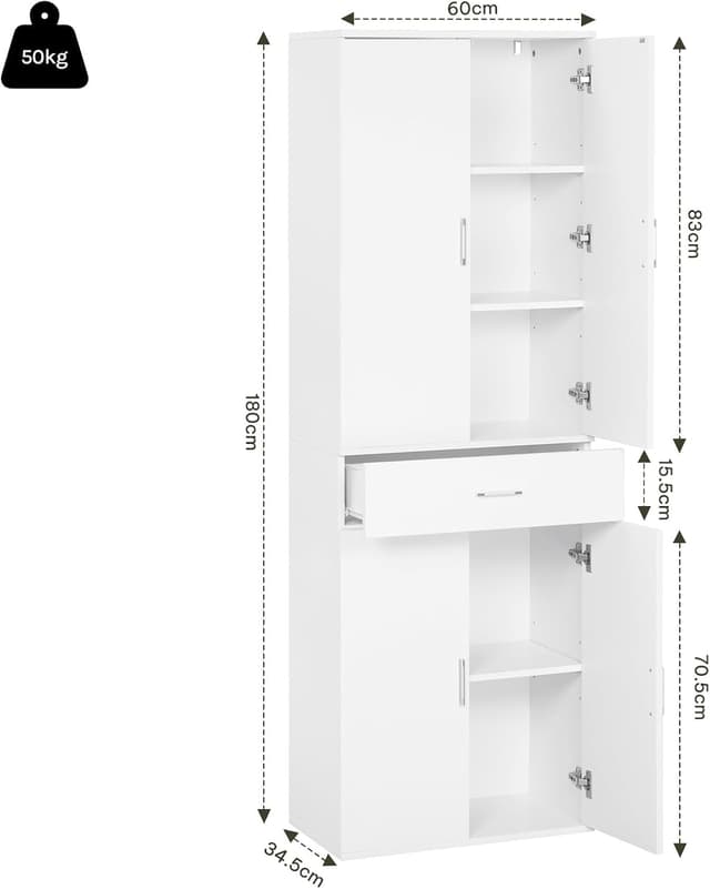 Detalle de eSituro Aktenschrank mit Schublade Türen, 60x180x34 cm, weiß – Stauraum für Büro & mehr