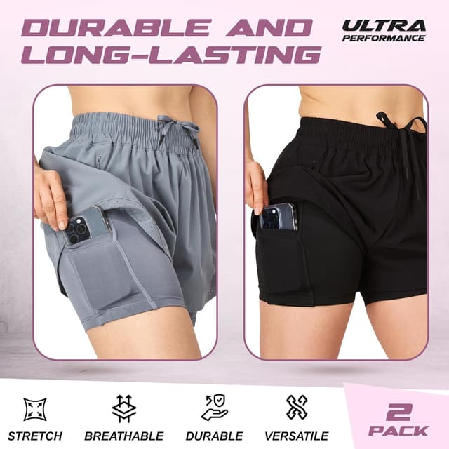 Detalle de Ultra Performance Women’s Running & Gym Shorts (Nylon) — 2-Pack with Inner Compression Liner