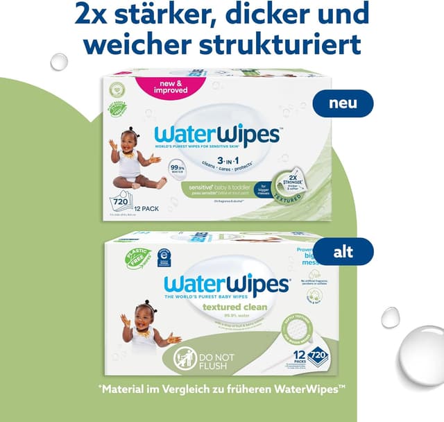 Detalle de WaterWipes Sensitive+ Baby- und Kleinkind-Feuchttücher 3-in-1, parfümfrei – 12er Pack (720 Stück)
