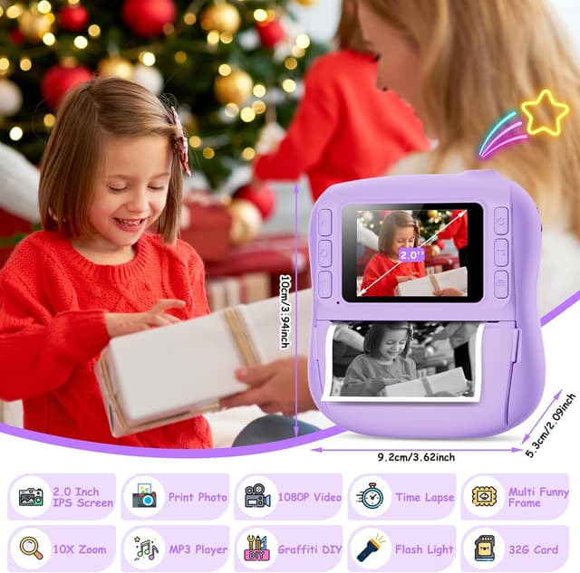 Detalle de Hangrui Kinderkamera Sofortbildkamera (14 MP) mit 32-GB-Karte, Sofortdruck & 1080P – lila