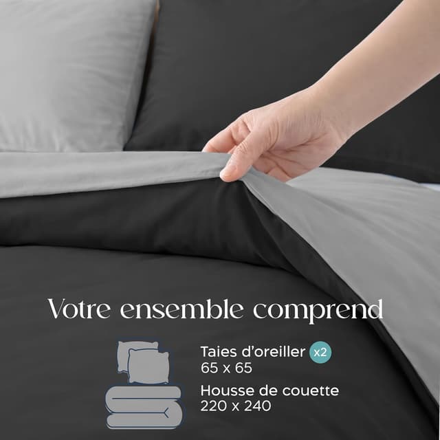 Detalle de Twinzen Housse de couette réversible 220x240 cm en microfibre gris foncé / gris clair + 2 taies 65x65 cm