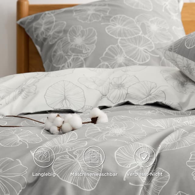 Detalle de BEDSURE Bettwäsche 135x200 4-teilig aus Baumwolle (2 Bettbezüge + 2 Kissenbezüge) – grau, Wendebettwäsche mit Reißverschluss