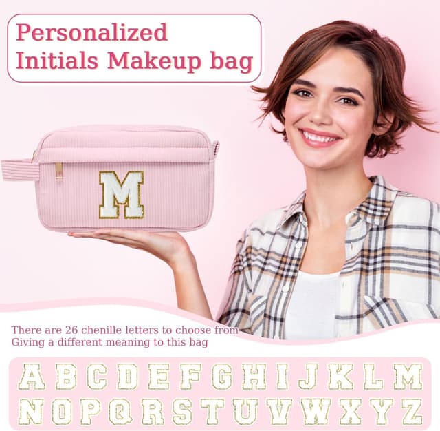 Detalle de Toozen Initialen Make-up-Tasche aus Cord (Reisekulturbeutel) mit Metallreißverschluss, rosa