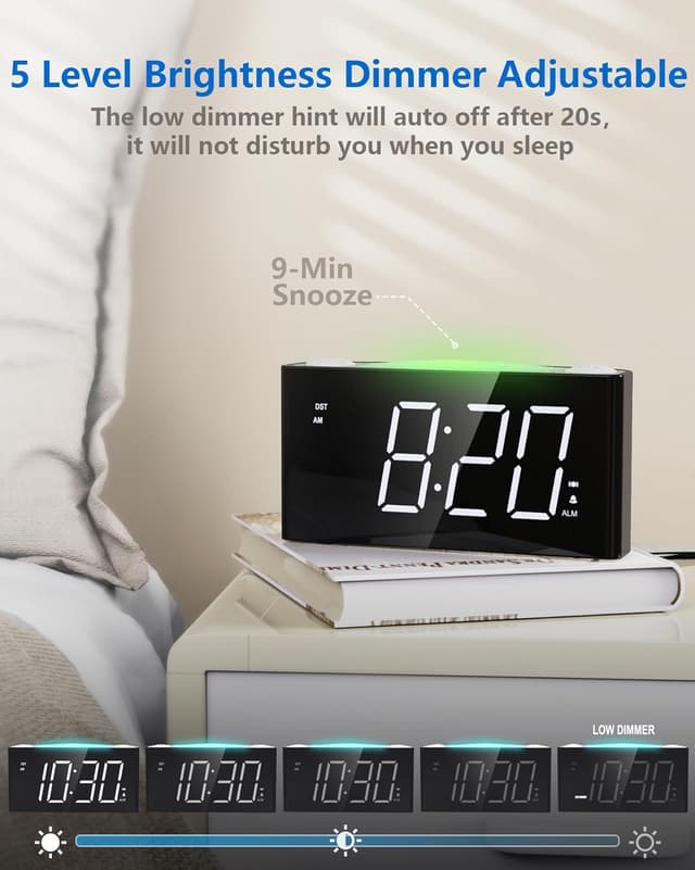 Detalle de Réveil numérique avec vibration pour dormeurs profonds et malentendants, chargeur C, format 12/24 h, écran LED grand format