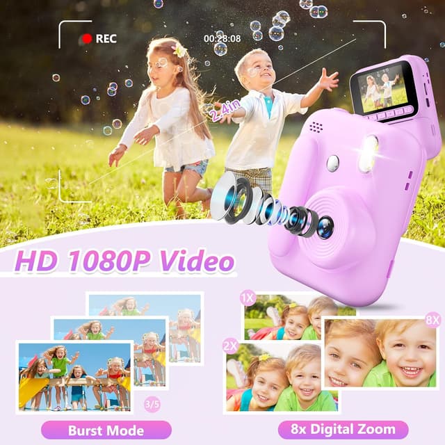 Detalle de Naxup Sofortbildkamera für Kinder mit 1080P, 5 Rollen Druckpapier und 32-GB-Karte (Lila)