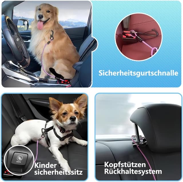 Detalle de Mi Metty Hunde-Sicherheitsgurt fürs Auto 3-in-1 mit Universalstecker (Lila, 40 cm)