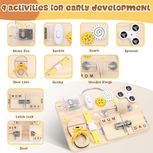 Detalle de Wooden Busy Board for toddlers, 9 activities