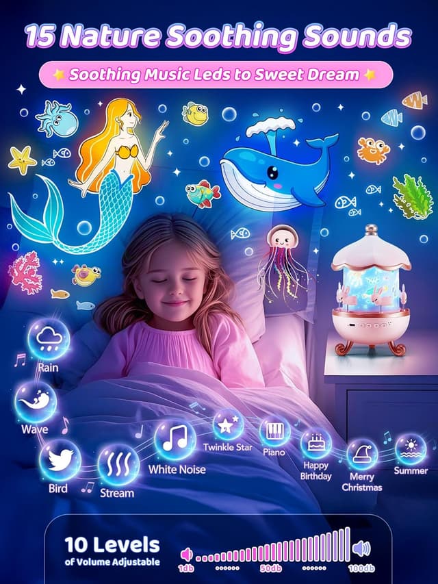 Detalle de Carousel Night Light for Kids: Unicorn Star Projector With Remote, Timer, Music & Films (315 Color Modes)